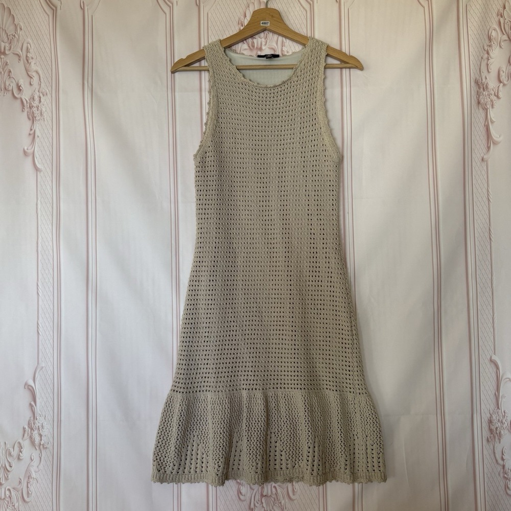 AQUA Crochet Peplum Hem Knit Dress Beige Women's Size M Boho